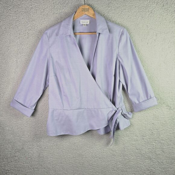 Coldwater Creek Womens Blouse PL Light Blue Wrap Tie Flipped Cuffs Popped Collar - Picture 13 of 14